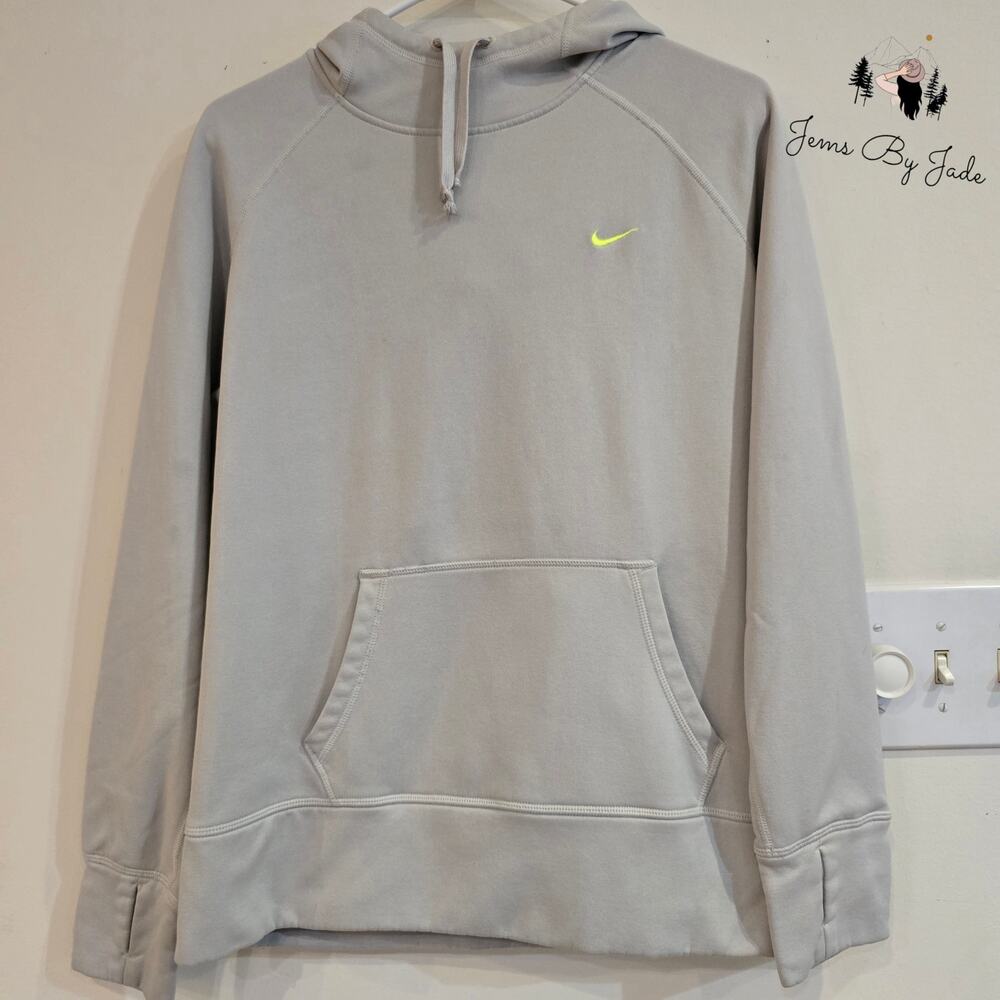 Nike Therma-FIT Women’s Large Gray Pullover Hoodie Neon Swoosh Thumbholes